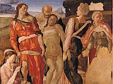 London National Gallery Top 20 07 Michelangelo - The Entombment Michelangelo - The Entombment 1500-1, 162 x 150 cm. Michelangelo abandoned this painting when he left for Florence in the spring of 1501. The theme of Christs body being lifted up, prior to being carried to the tomb, is combined with the motif of the dead Christ presented to the viewer for pious meditation. Even at this late stage, however, Michelangelo still omits the wounds in Christs hands, feet and side. Christ is supported on the left by the long haired St. John the Evangelist in his canonical red gown. The others are probably Nicodemus, and Joseph of Arimathaea who gave up his tomb for Jesus. The figure kneeling below St. John is probably Mary Magdalene, who is shown meditating on the crown of thorns and the nails of the Crucifixion. The woman at the back right is a Holy Woman (Mary Salome). The missing figure on the lower right was to be the Virgin Mary mourning her son.